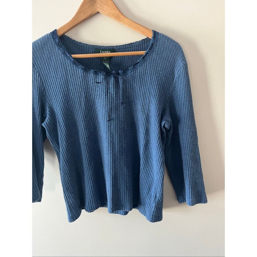 Lauren Ralph Lauren Blue Waffle Knit y2k 100% Cotton blouse L Lace Trim coquette - Picture 2 of 8